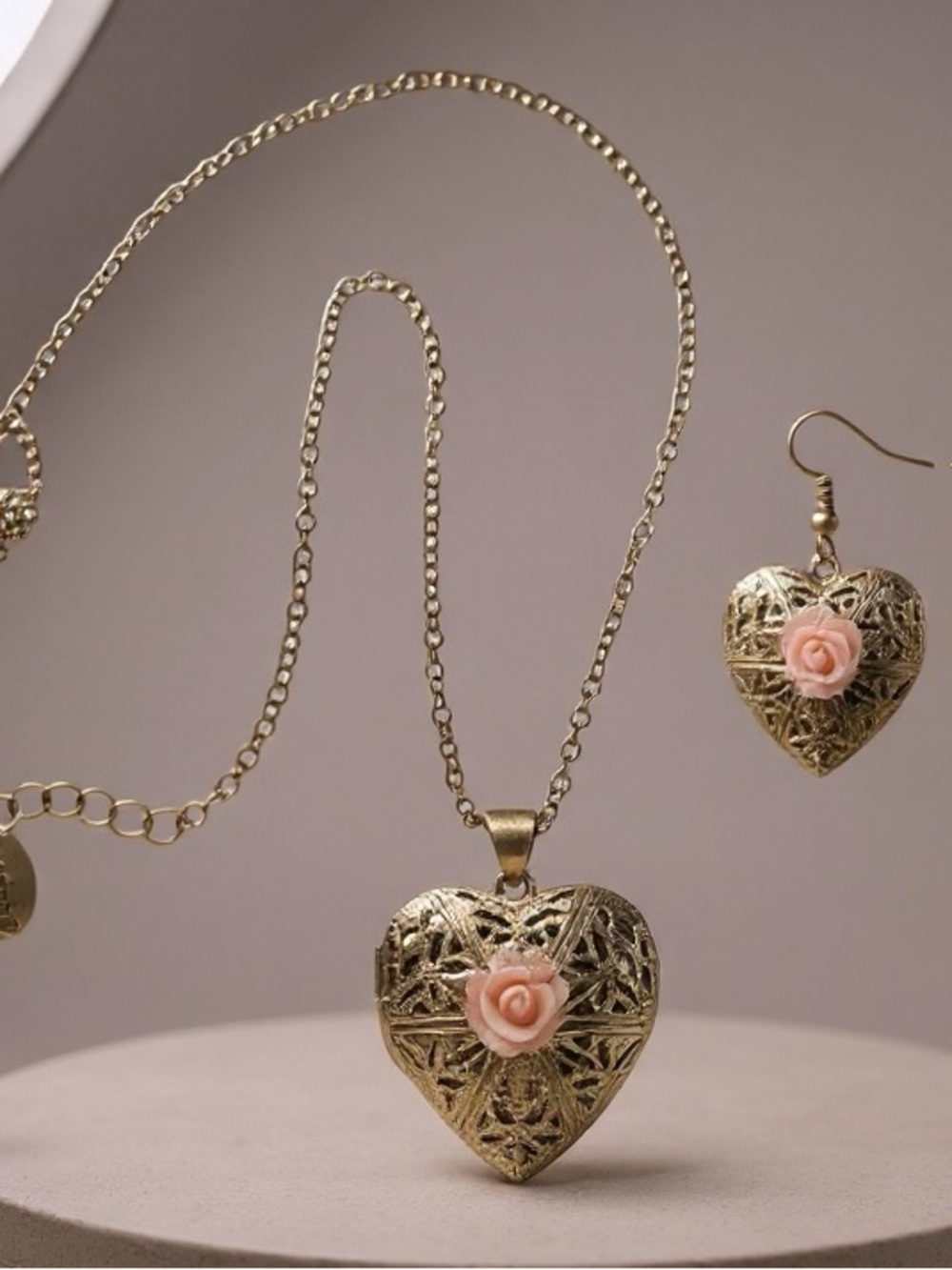 Vintage estate sale Heart Locket Necklace Pink Rose signed-earrings in closet. - Picture 1 of 5